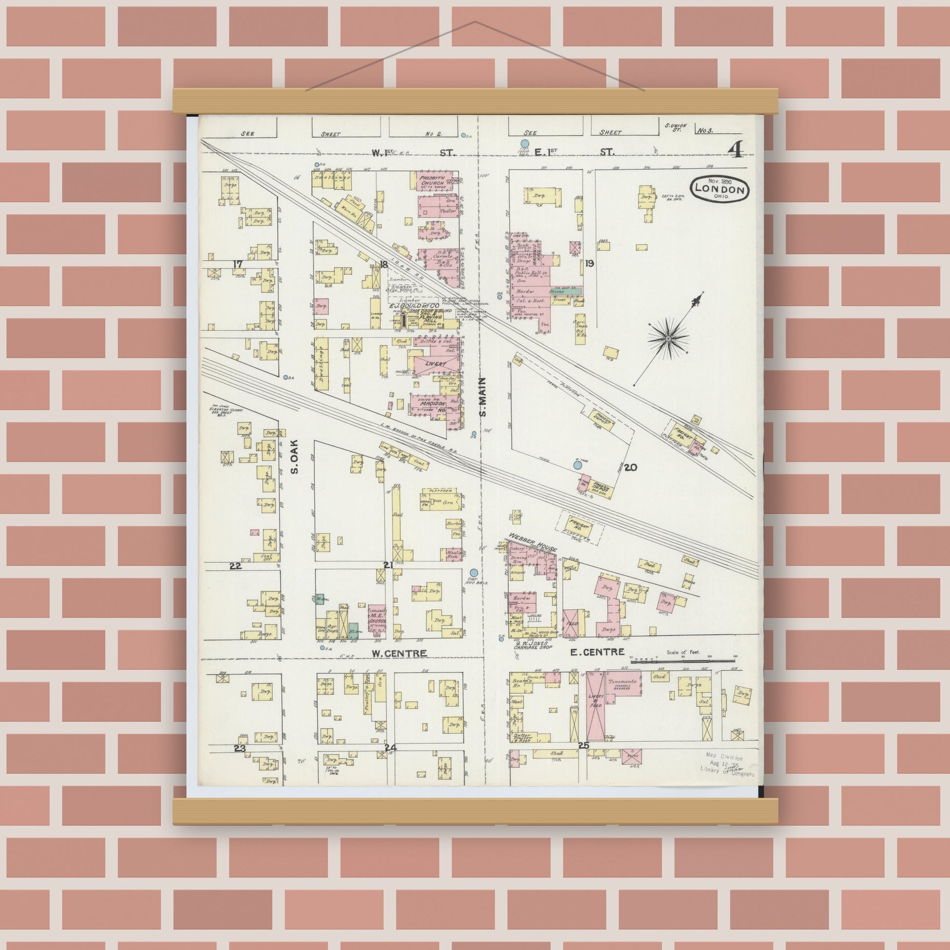 Old map wall art mockup — magnetic wood frame on brick wall — Sanborn Fire Insurance Map from London, Madison County, Ohio (1890), Sheet #0004