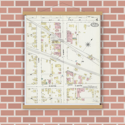 Old map wall art mockup — magnetic wood frame on brick wall — Sanborn Fire Insurance Map from London, Madison County, Ohio (1890), Sheet #0004