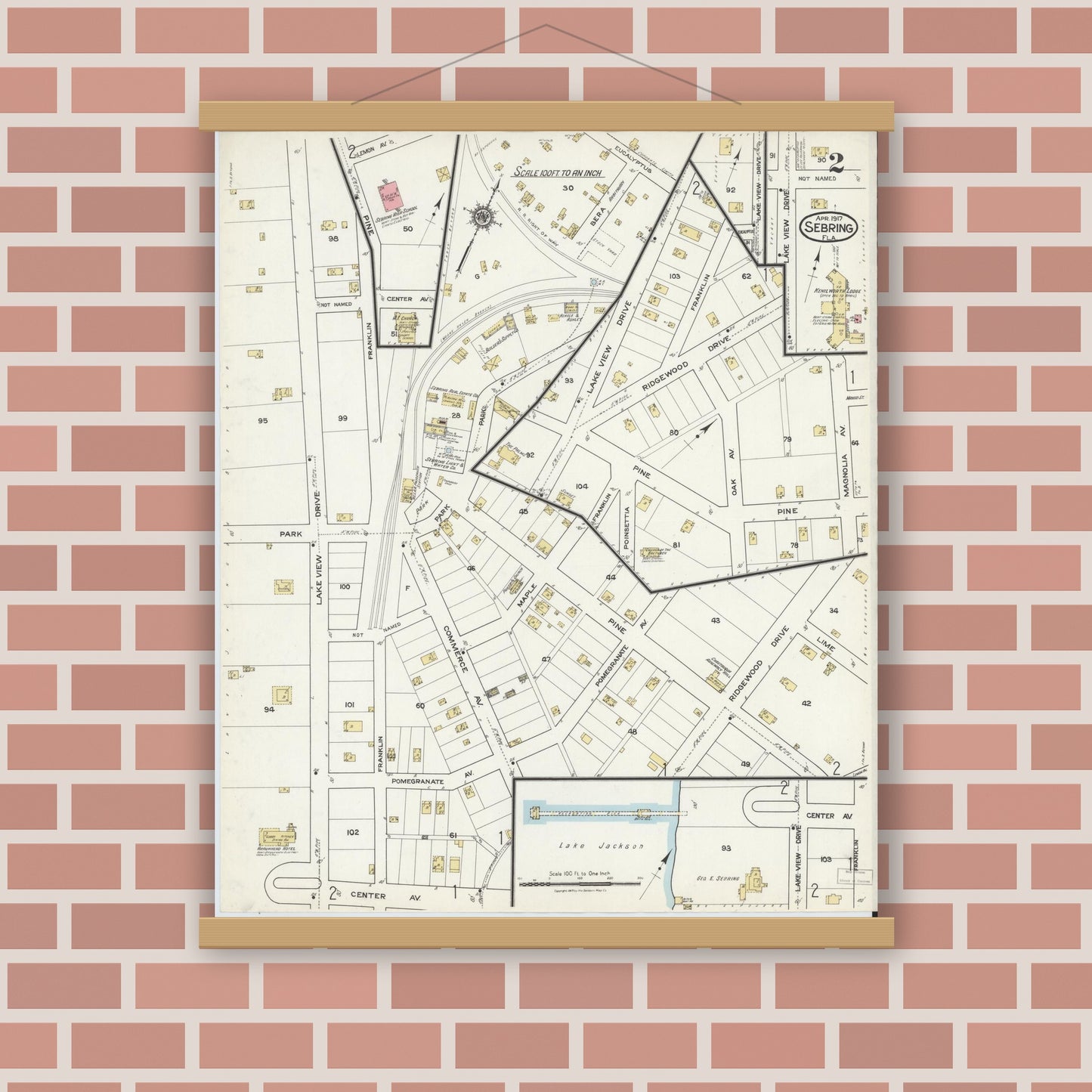Old map wall art mockup — magnetic wood frame on brick wall — Sanborn Fire Insurance Map from Sebring, Highlands County, Florida (1917), Sheet #0002