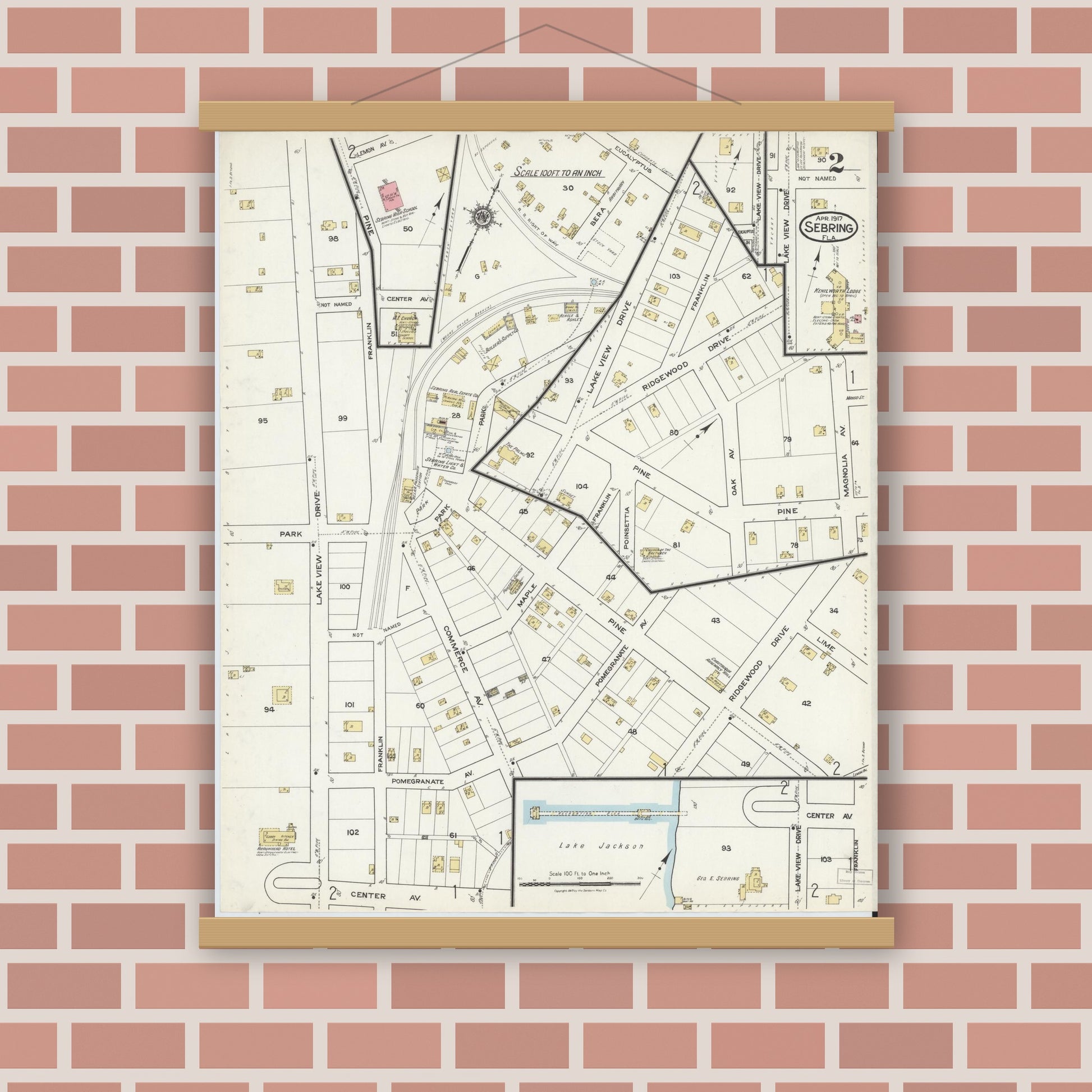Old map wall art mockup — magnetic wood frame on brick wall — Sanborn Fire Insurance Map from Sebring, Highlands County, Florida (1917), Sheet #0002