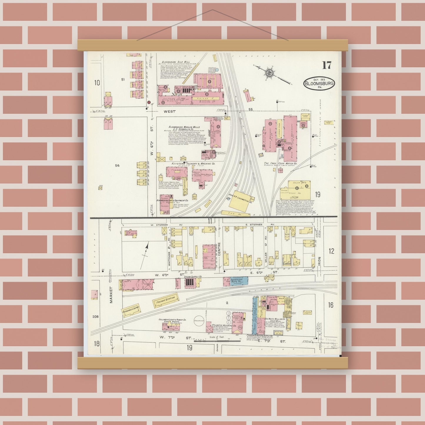 Old map wall art mockup — magnetic wood frame on brick wall — Sanborn Fire Insurance Map from Bloomsburg, Columbia County, Pennsylvania (1913), Sheet #0017