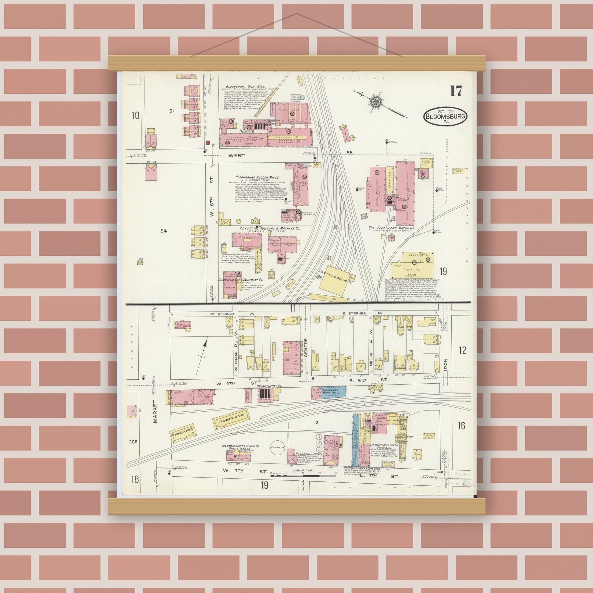 Old map wall art mockup — magnetic wood frame on brick wall — Sanborn Fire Insurance Map from Bloomsburg, Columbia County, Pennsylvania (1913), Sheet #0017