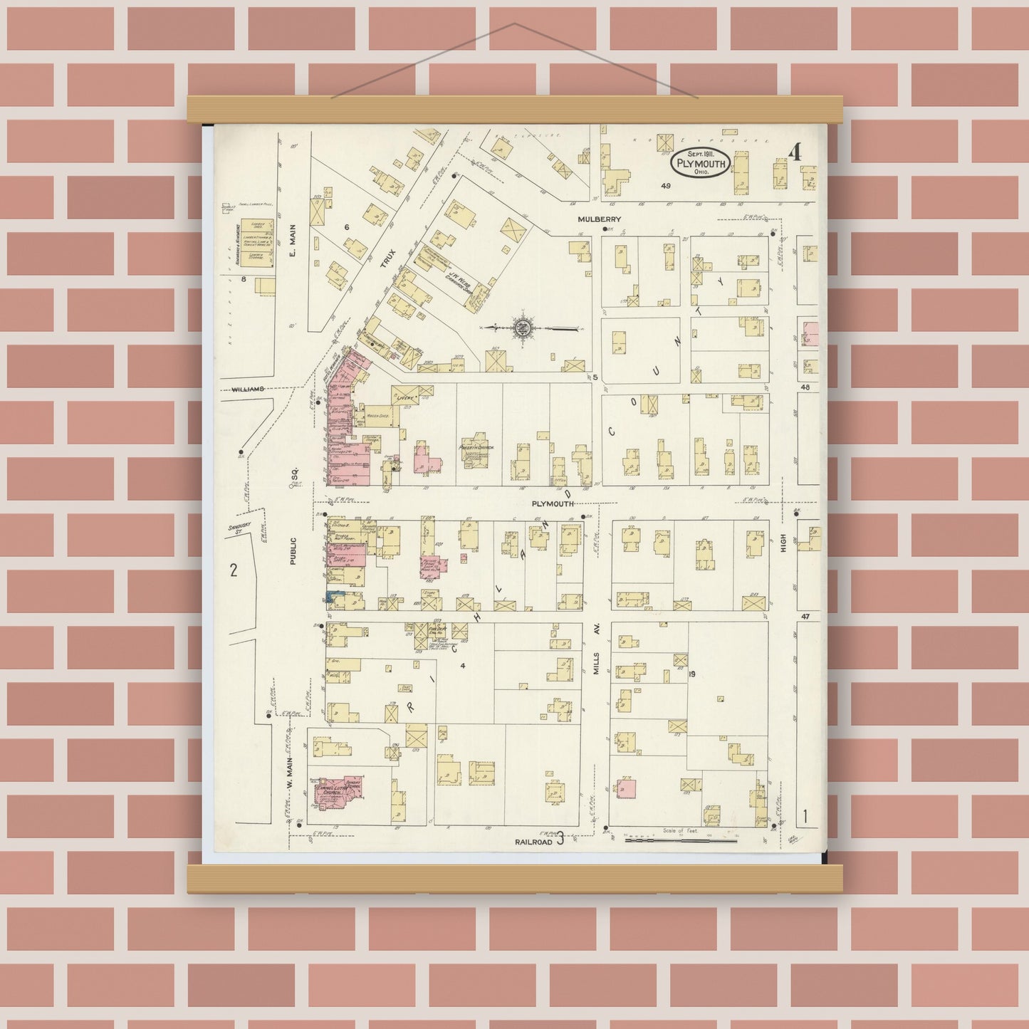 Old map wall art mockup — magnetic wood frame on brick wall — Sanborn Fire Insurance Map from Plymouth, Huron And Richland Counties, Ohio (1911), Sheet #0004