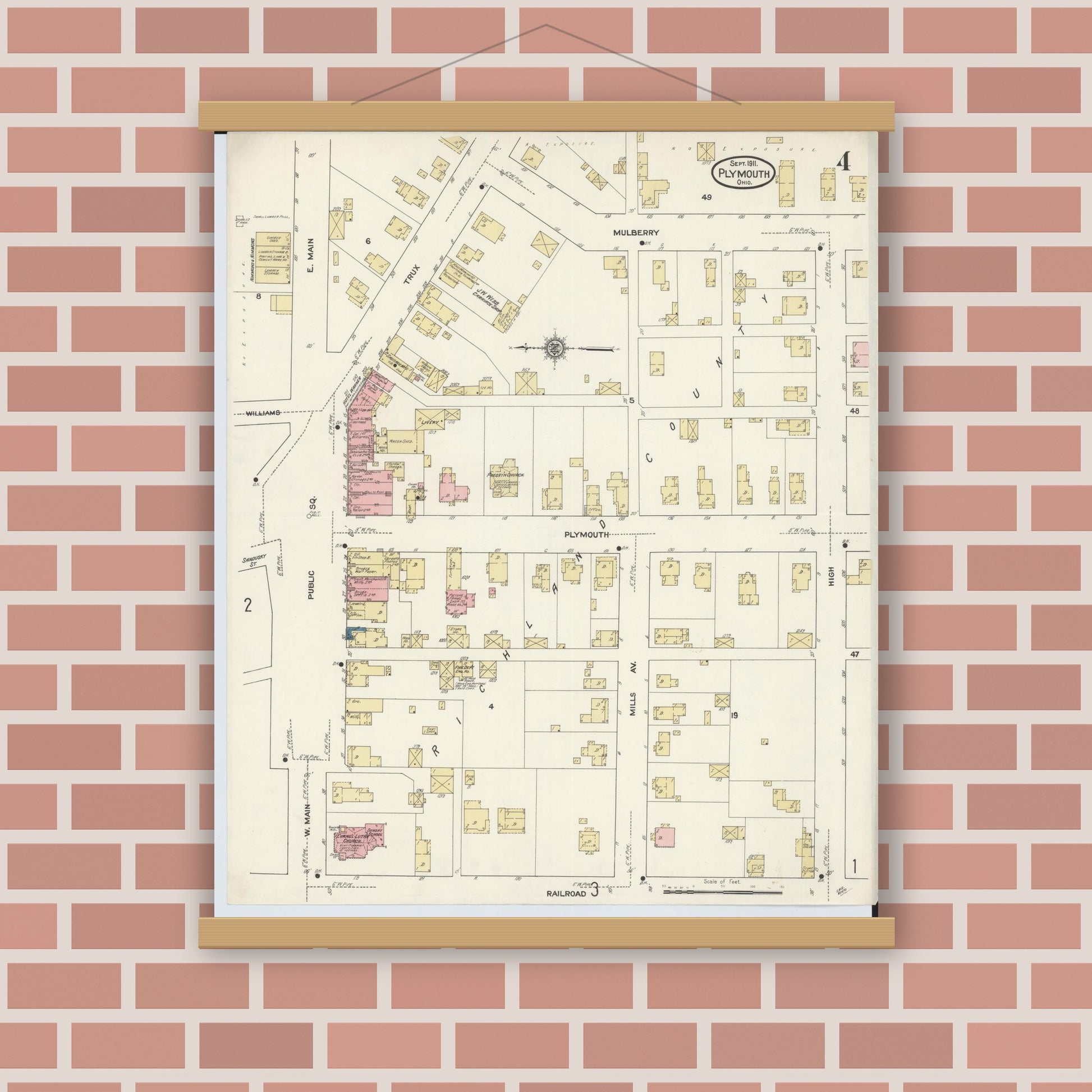 Old map wall art mockup — magnetic wood frame on brick wall — Sanborn Fire Insurance Map from Plymouth, Huron And Richland Counties, Ohio (1911), Sheet #0004