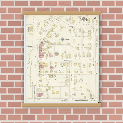 Old map wall art mockup — magnetic wood frame on brick wall — Sanborn Fire Insurance Map from Plymouth, Huron And Richland Counties, Ohio (1911), Sheet #0004