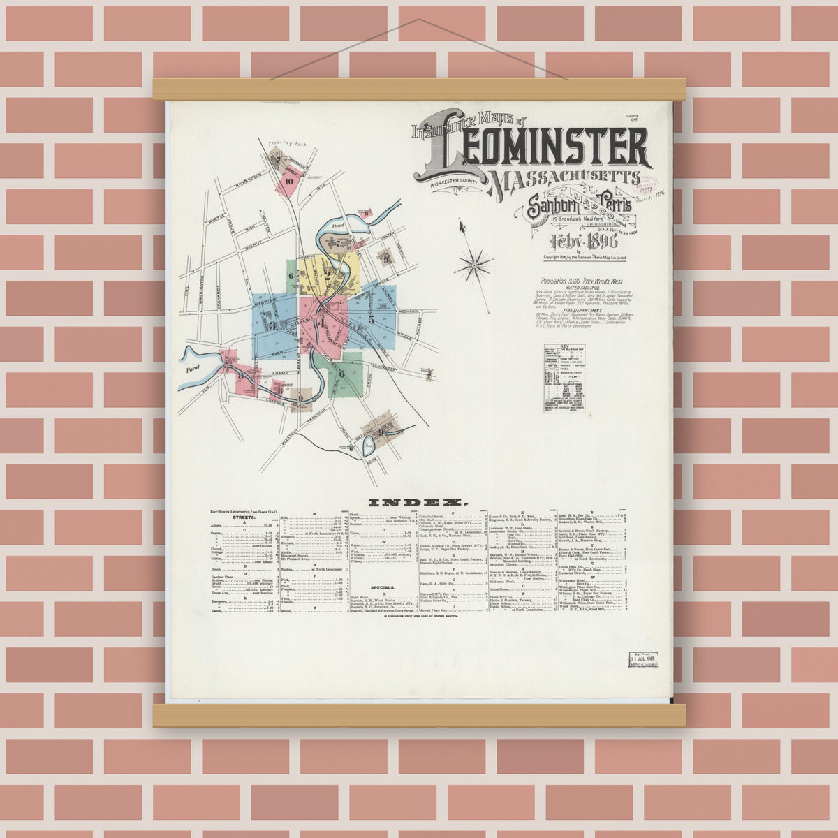 Old map wall art mockup — magnetic wood frame on brick wall — Sanborn Fire Insurance Map from Leominster, Worcester County, Massachusetts (1896) - Complete Map Set
