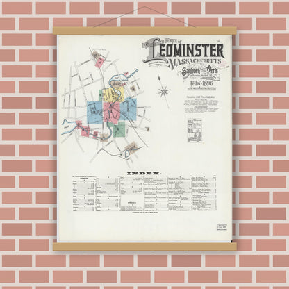 Old map wall art mockup — magnetic wood frame on brick wall — Sanborn Fire Insurance Map from Leominster, Worcester County, Massachusetts (1896) - Complete Map Set