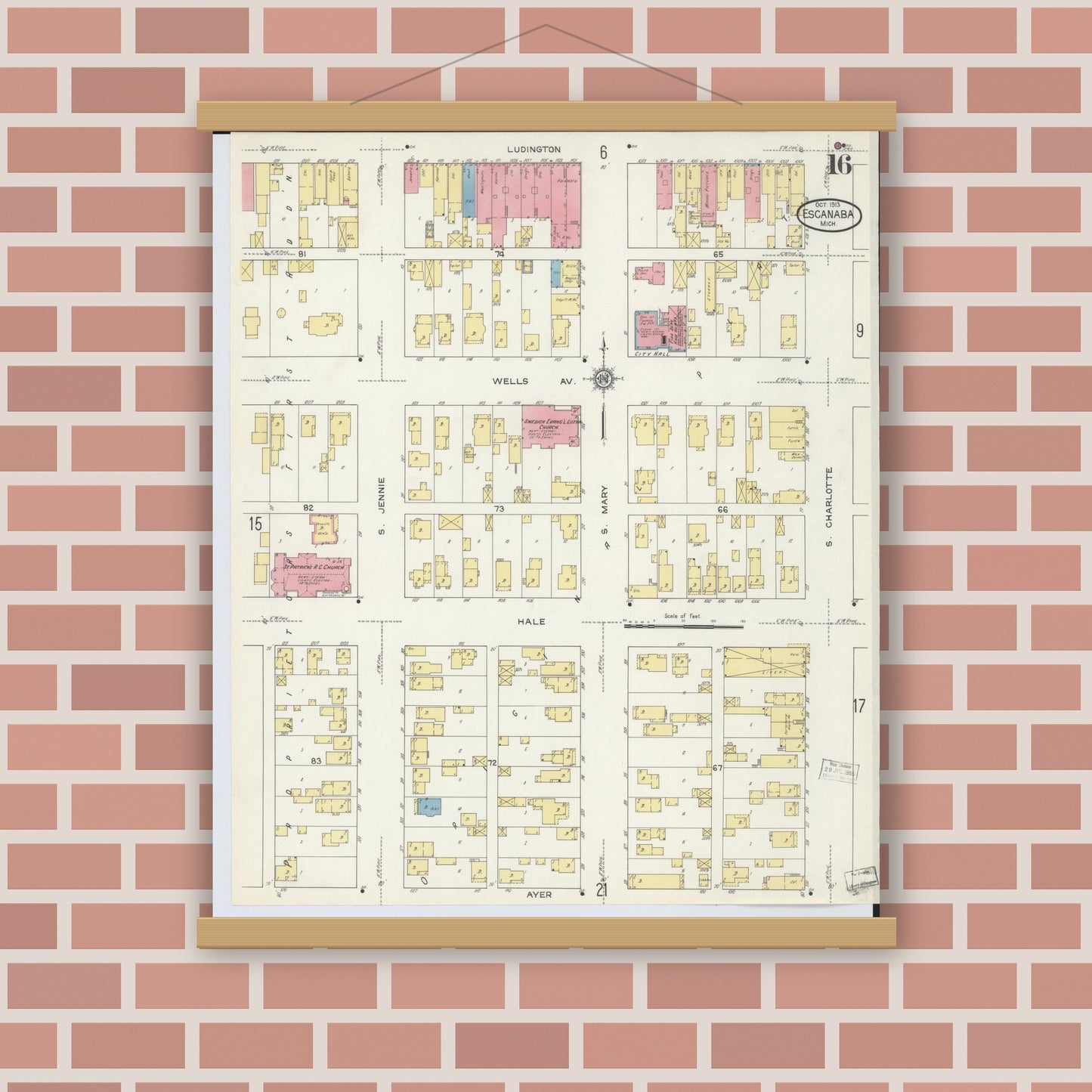 Old map wall art mockup — magnetic wood frame on brick wall — Sanborn Fire Insurance Map from Escanaba, Delta County, Michigan (1913), Sheet #0016