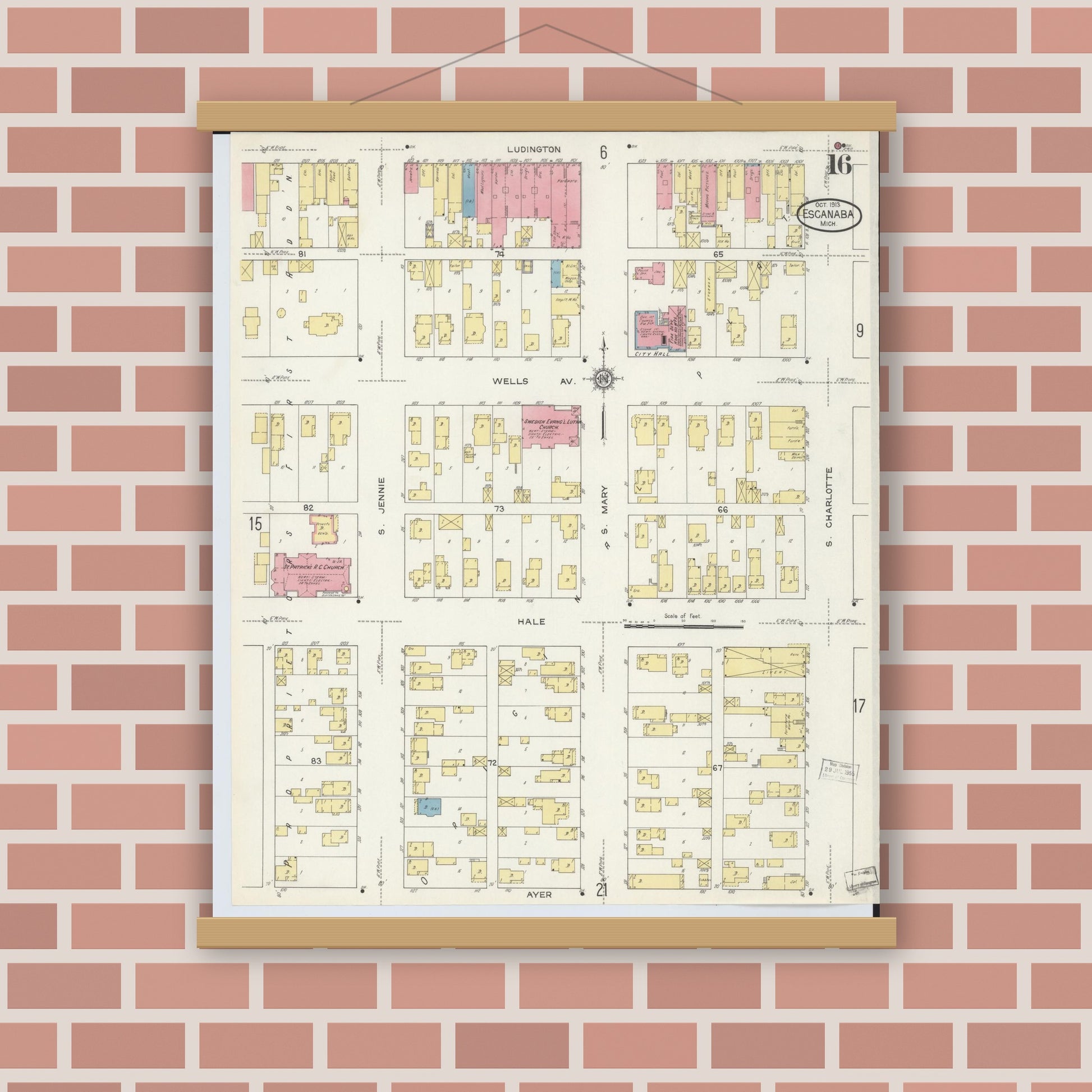 Old map wall art mockup — magnetic wood frame on brick wall — Sanborn Fire Insurance Map from Escanaba, Delta County, Michigan (1913), Sheet #0016