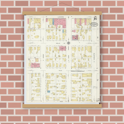 Old map wall art mockup — magnetic wood frame on brick wall — Sanborn Fire Insurance Map from Escanaba, Delta County, Michigan (1913), Sheet #0016