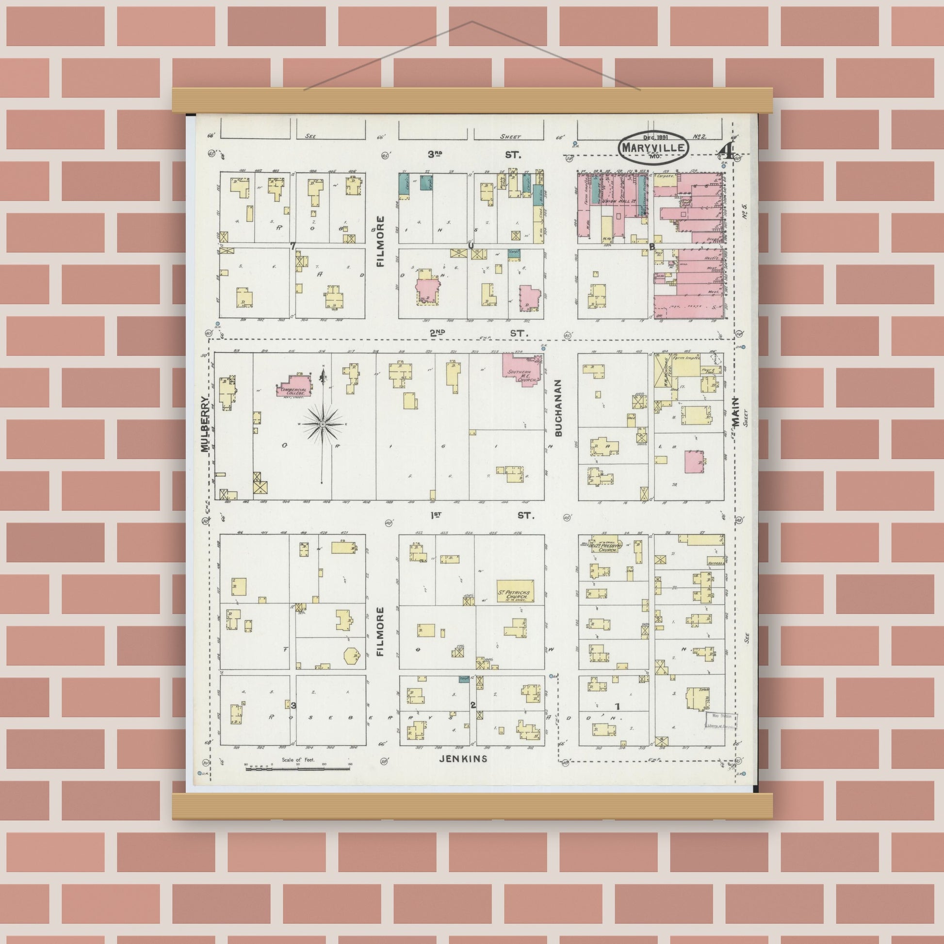 Old map wall art mockup — magnetic wood frame on brick wall — Sanborn Fire Insurance Map from Maryville, Nodaway County, Missouri (1891), Sheet #0004
