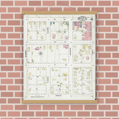 Old map wall art mockup — magnetic wood frame on brick wall — Sanborn Fire Insurance Map from Maryville, Nodaway County, Missouri (1891), Sheet #0004