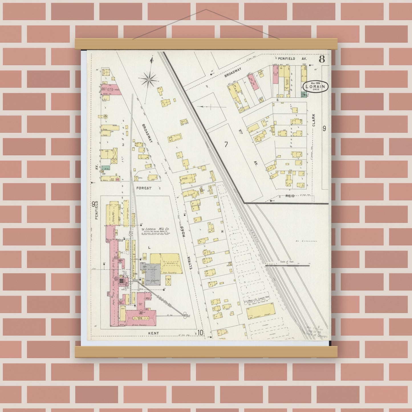 Old map wall art mockup — magnetic wood frame on brick wall — Sanborn Fire Insurance Map from Lorain, Lorain County, Ohio (1896), Sheet #0008