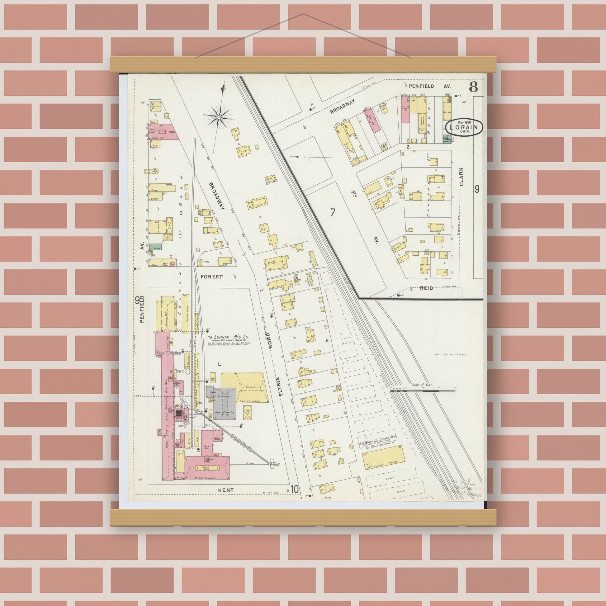 Old map wall art mockup — magnetic wood frame on brick wall — Sanborn Fire Insurance Map from Lorain, Lorain County, Ohio (1896), Sheet #0008