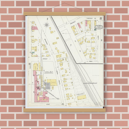 Old map wall art mockup — magnetic wood frame on brick wall — Sanborn Fire Insurance Map from Lorain, Lorain County, Ohio (1896), Sheet #0008