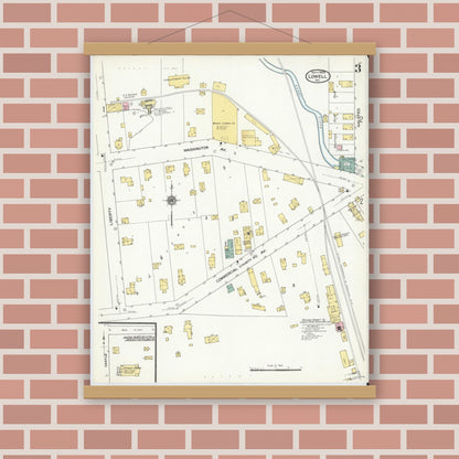 Old map wall art mockup — magnetic wood frame on brick wall — Sanborn Fire Insurance Map from Lowell, Lake County, Indiana (1909), Sheet #0003