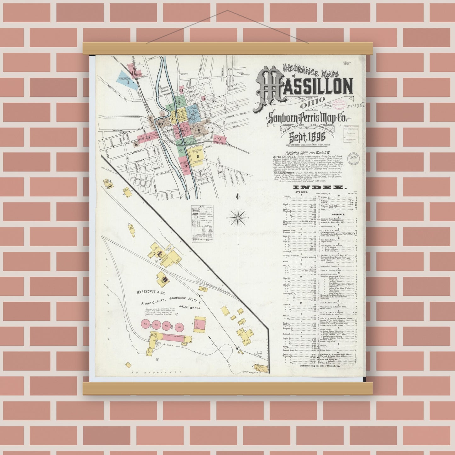 Old map wall art mockup — magnetic wood frame on brick wall — Sanborn Fire Insurance Map from Massillon, Stark County, Ohio (1896) - Complete Map Set
