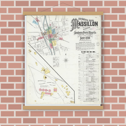 Old map wall art mockup — magnetic wood frame on brick wall — Sanborn Fire Insurance Map from Massillon, Stark County, Ohio (1896) - Complete Map Set