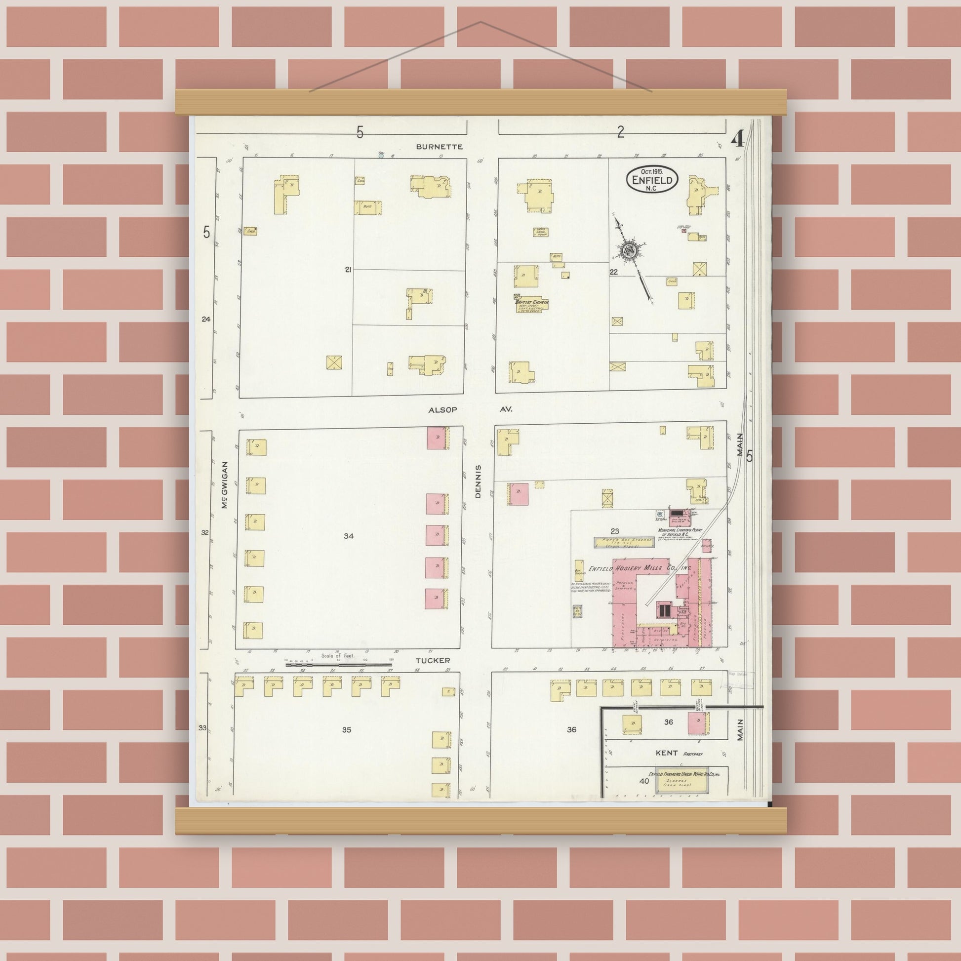 Old map wall art mockup — magnetic wood frame on brick wall — Sanborn Fire Insurance Map from Enfield, Halifax County, North Carolina (1915), Sheet #0004