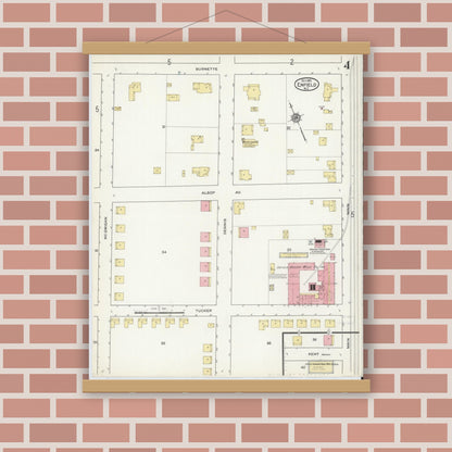 Old map wall art mockup — magnetic wood frame on brick wall — Sanborn Fire Insurance Map from Enfield, Halifax County, North Carolina (1915), Sheet #0004