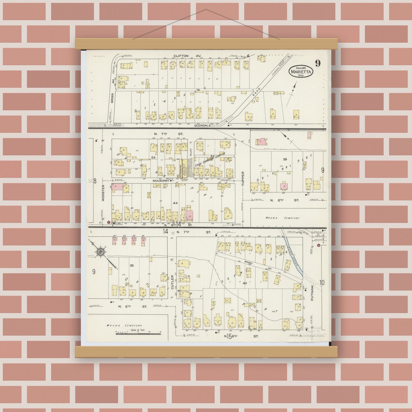Old map wall art mockup — magnetic wood frame on brick wall — Sanborn Fire Insurance Map from Marietta, Washington County, Ohio (1915), Sheet #0009