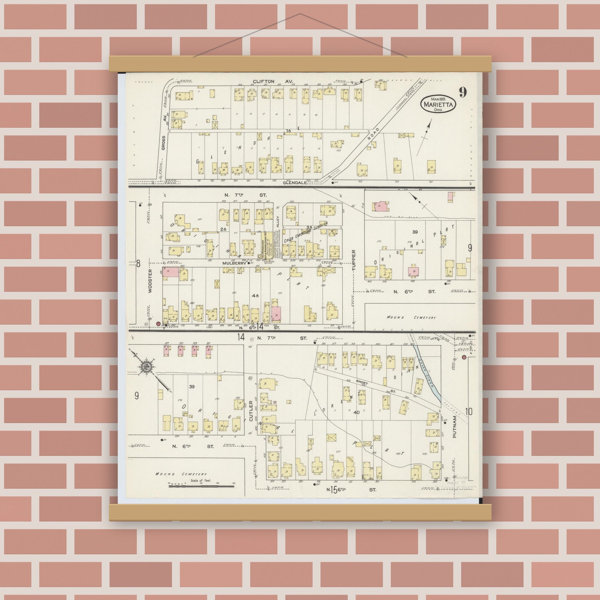 Old map wall art mockup — magnetic wood frame on brick wall — Sanborn Fire Insurance Map from Marietta, Washington County, Ohio (1915), Sheet #0009