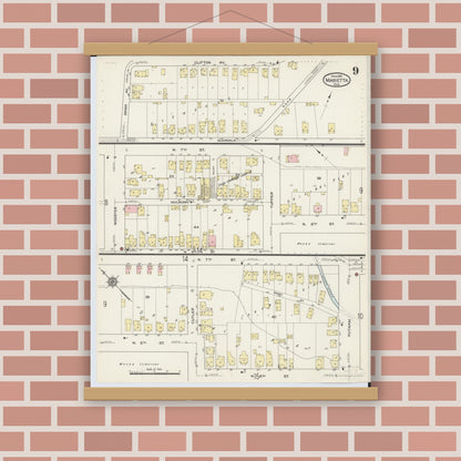 Old map wall art mockup — magnetic wood frame on brick wall — Sanborn Fire Insurance Map from Marietta, Washington County, Ohio (1915), Sheet #0009