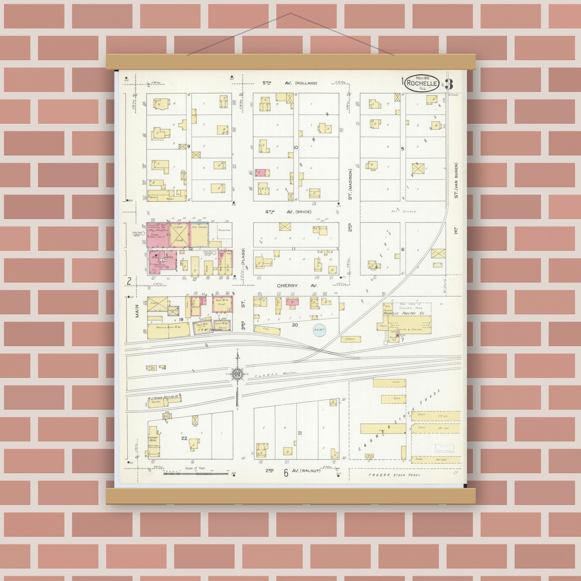 Old map wall art mockup — magnetic wood frame on brick wall — Sanborn Fire Insurance Map from Rochelle, Ogle County, Illinois (1912), Sheet #0003