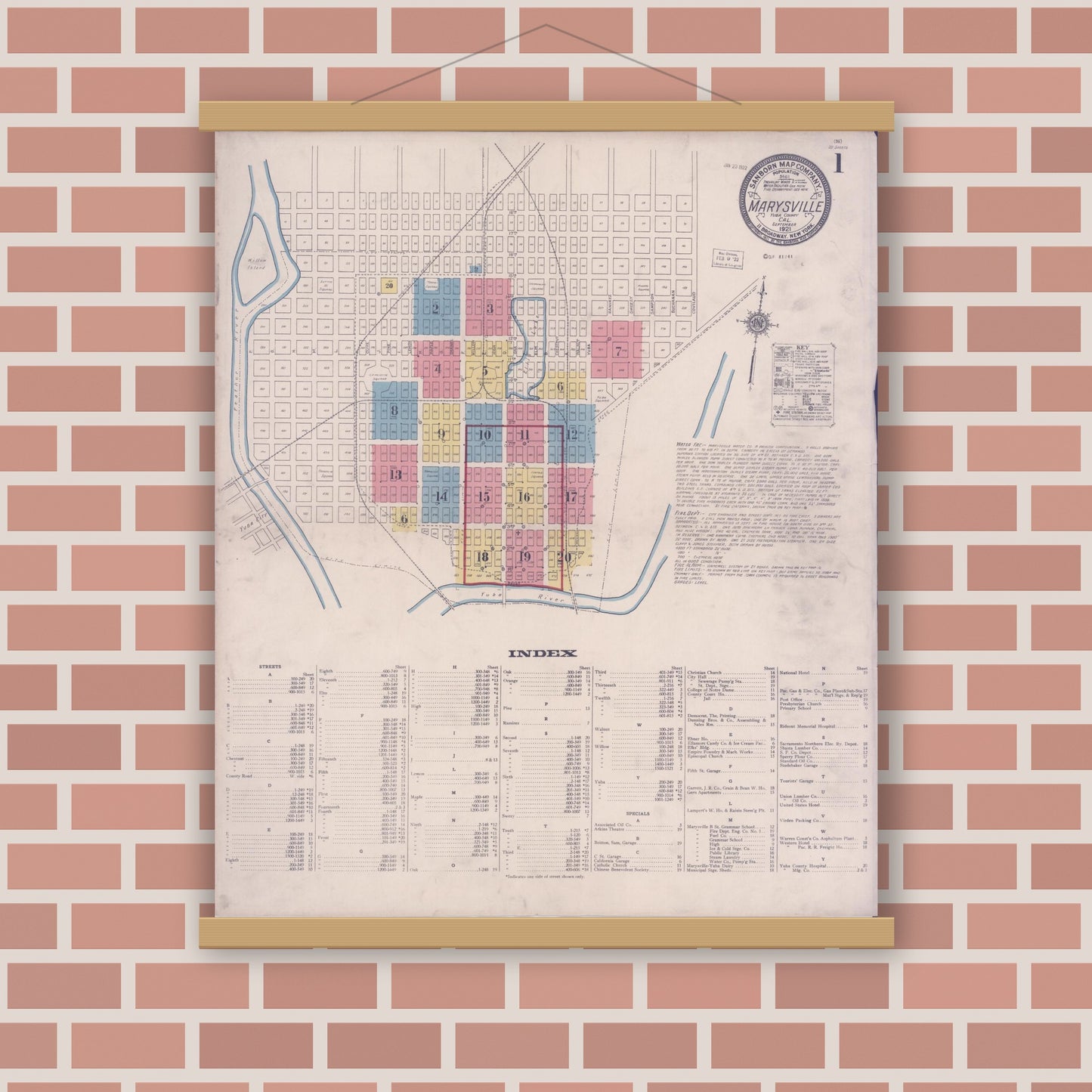 Old map wall art mockup — magnetic wood frame on brick wall — Sanborn Fire Insurance Map from Marysville, Yuba County, California (1921), Sheet #0001