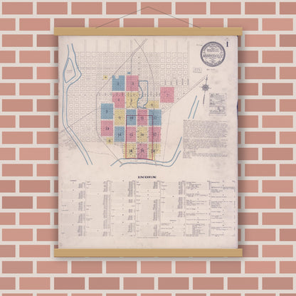 Old map wall art mockup — magnetic wood frame on brick wall — Sanborn Fire Insurance Map from Marysville, Yuba County, California (1921), Sheet #0001