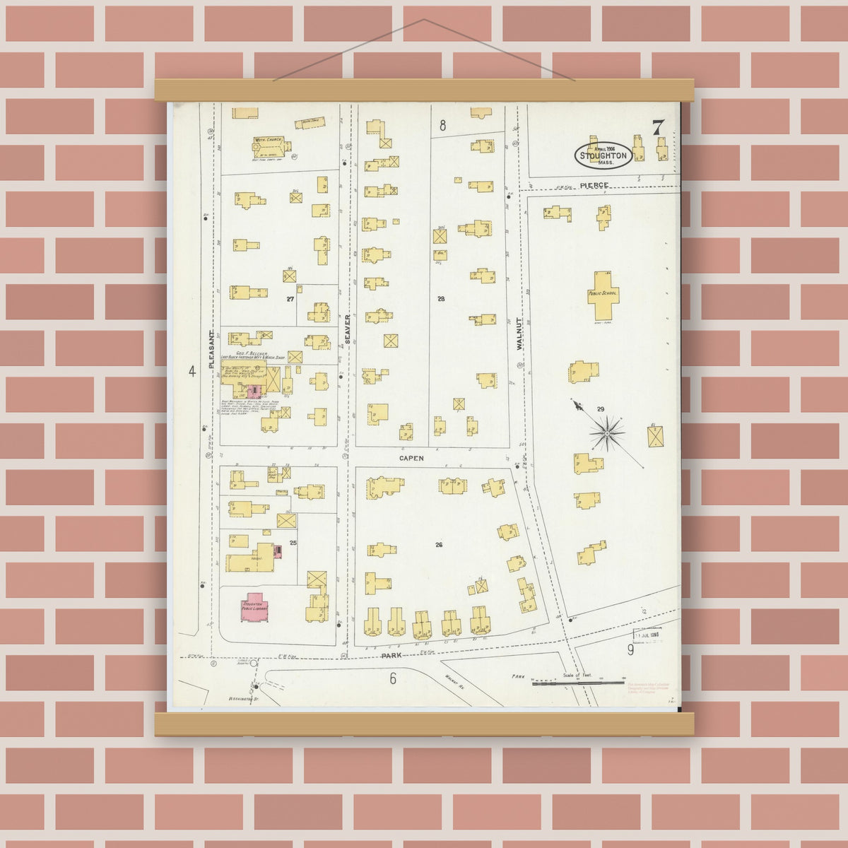 Old map wall art mockup — magnetic wood frame on brick wall — Sanborn Fire Insurance Map from Stoughton, Norfolk County, Massachusetts (1906), Sheet #0007