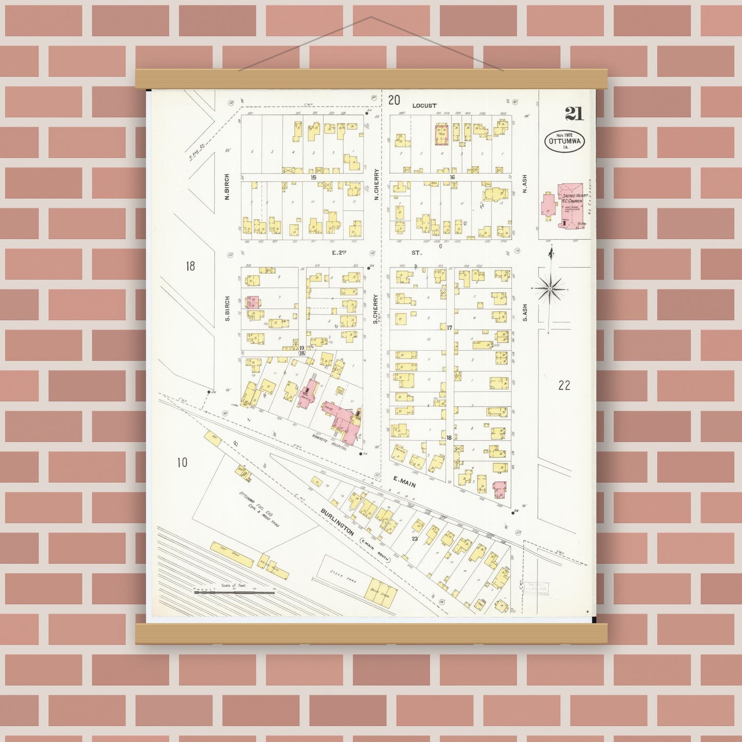 Old map wall art mockup — magnetic wood frame on brick wall — Sanborn Fire Insurance Map from Ottumwa, Wapello County, Iowa (1902), Sheet #0021