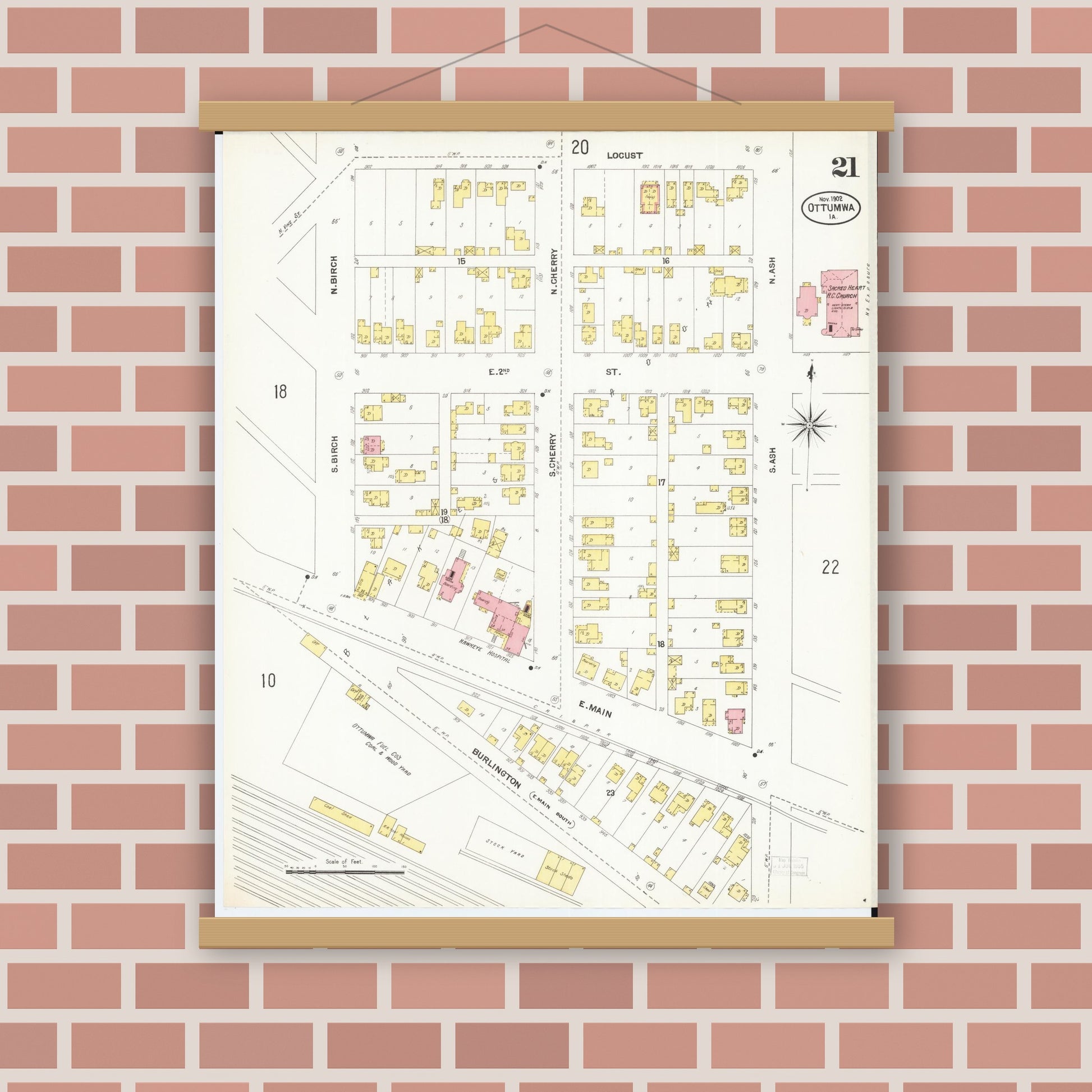 Old map wall art mockup — magnetic wood frame on brick wall — Sanborn Fire Insurance Map from Ottumwa, Wapello County, Iowa (1902), Sheet #0021
