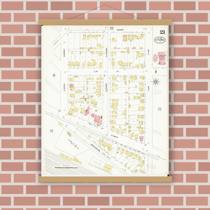 Old map wall art mockup — magnetic wood frame on brick wall — Sanborn Fire Insurance Map from Ottumwa, Wapello County, Iowa (1902), Sheet #0021