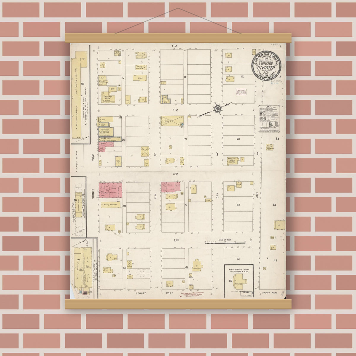 Old map wall art mockup — magnetic wood frame on brick wall — Sanborn Fire Insurance Map from Atwater, Merced County, California (1914), Sheet #0001