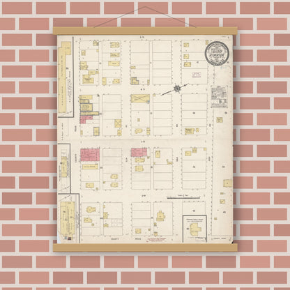 Old map wall art mockup — magnetic wood frame on brick wall — Sanborn Fire Insurance Map from Atwater, Merced County, California (1914), Sheet #0001