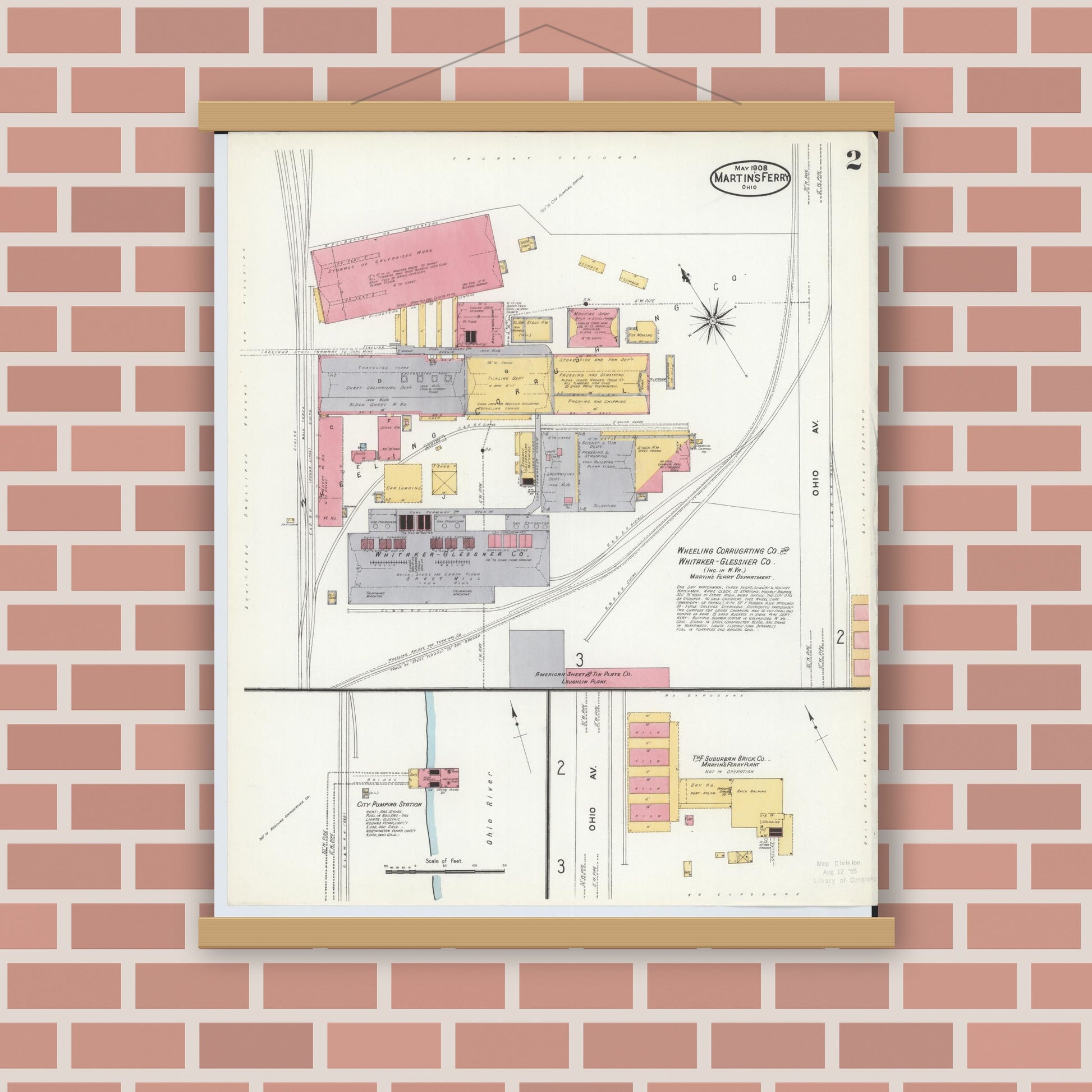 Old map wall art mockup — magnetic wood frame on brick wall — Sanborn Fire Insurance Map from Martins Ferry, Belmont County, Ohio (1908), Sheet #0002