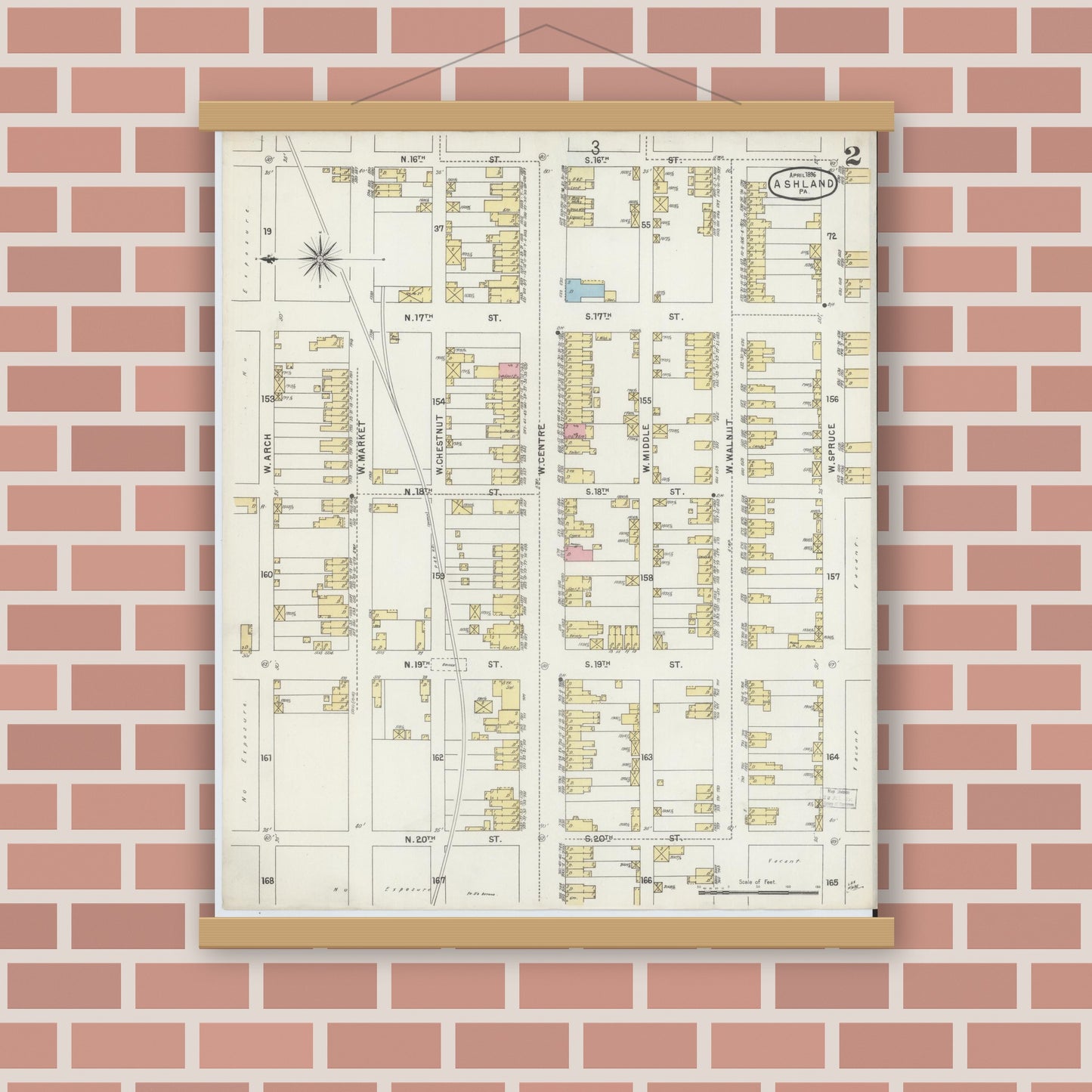 Old map wall art mockup — magnetic wood frame on brick wall — Sanborn Fire Insurance Map from Ashland, Schuylkill County, Pennsylvania (1896), Sheet #0002