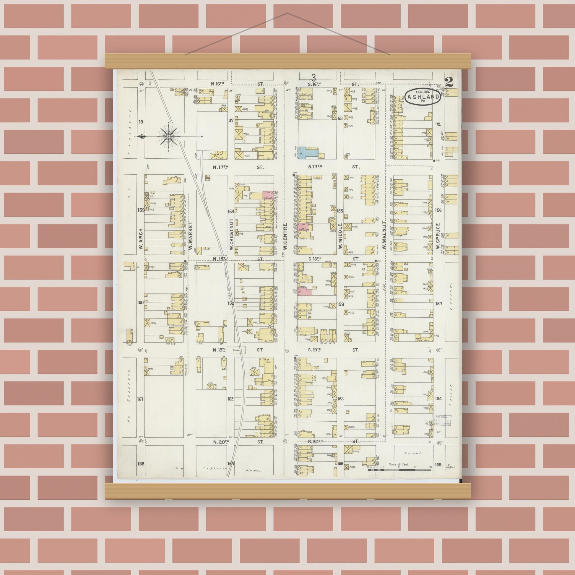 Old map wall art mockup — magnetic wood frame on brick wall — Sanborn Fire Insurance Map from Ashland, Schuylkill County, Pennsylvania (1896), Sheet #0002
