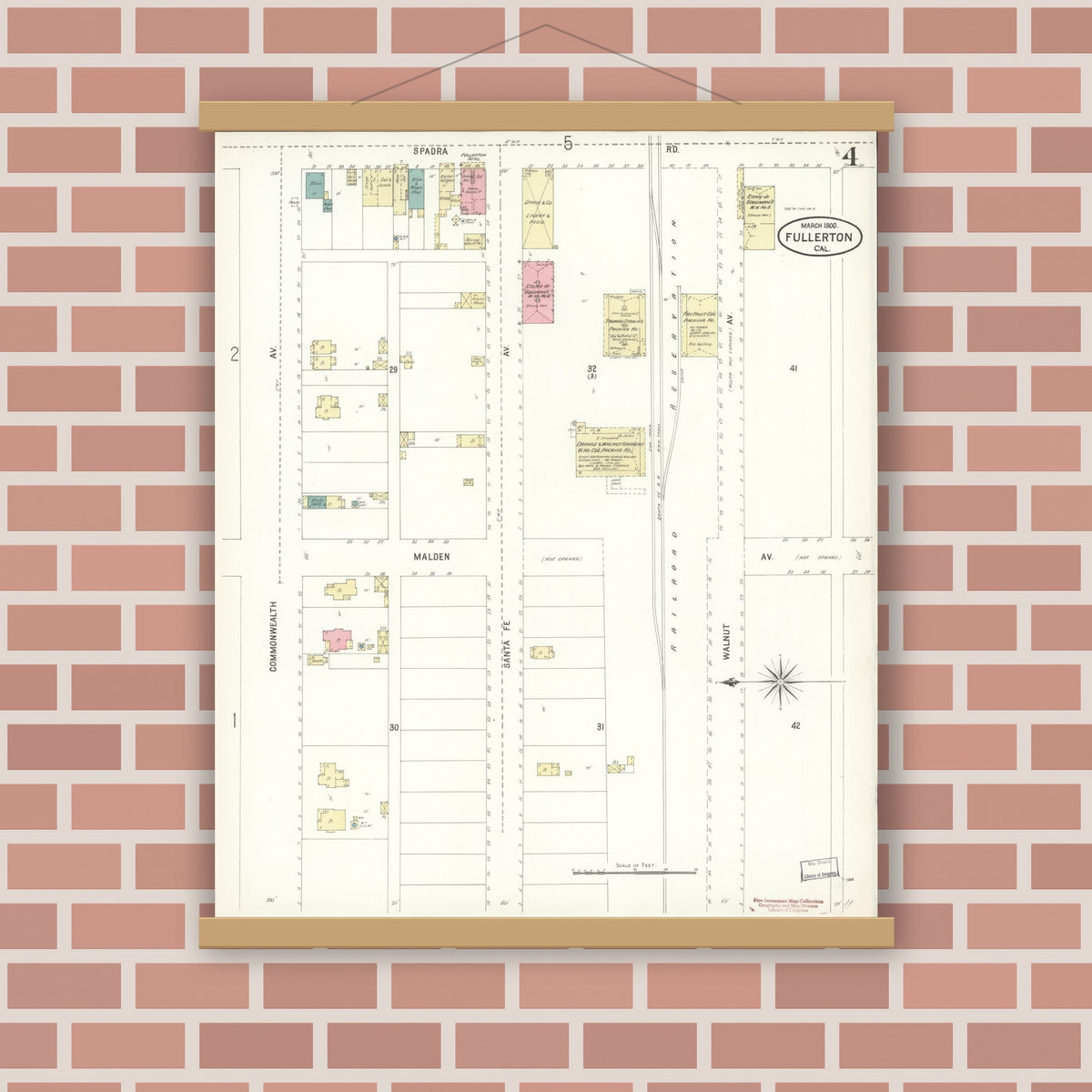 Old map wall art mockup — magnetic wood frame on brick wall — Sanborn Fire Insurance Map from Fullerton, Orange County, California (1900), Sheet #0004
