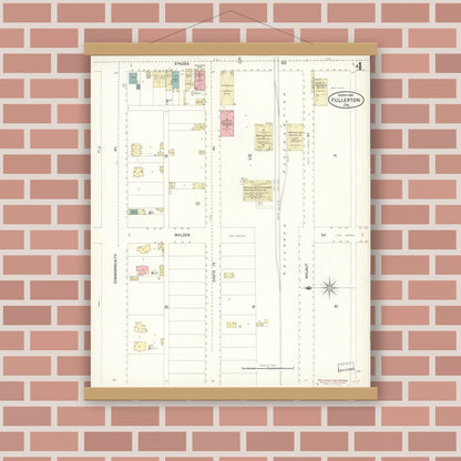 Old map wall art mockup — magnetic wood frame on brick wall — Sanborn Fire Insurance Map from Fullerton, Orange County, California (1900), Sheet #0004