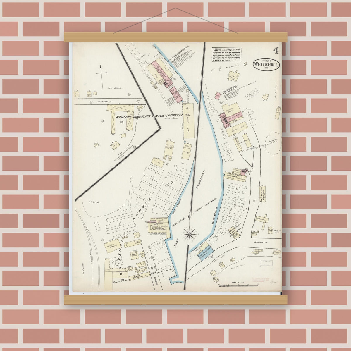 Old map wall art mockup — magnetic wood frame on brick wall — Sanborn Fire Insurance Map from Whitehall, Washington County, New York (1884), Sheet #0004