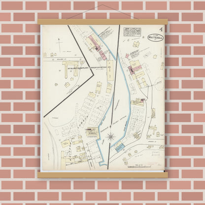 Old map wall art mockup — magnetic wood frame on brick wall — Sanborn Fire Insurance Map from Whitehall, Washington County, New York (1884), Sheet #0004
