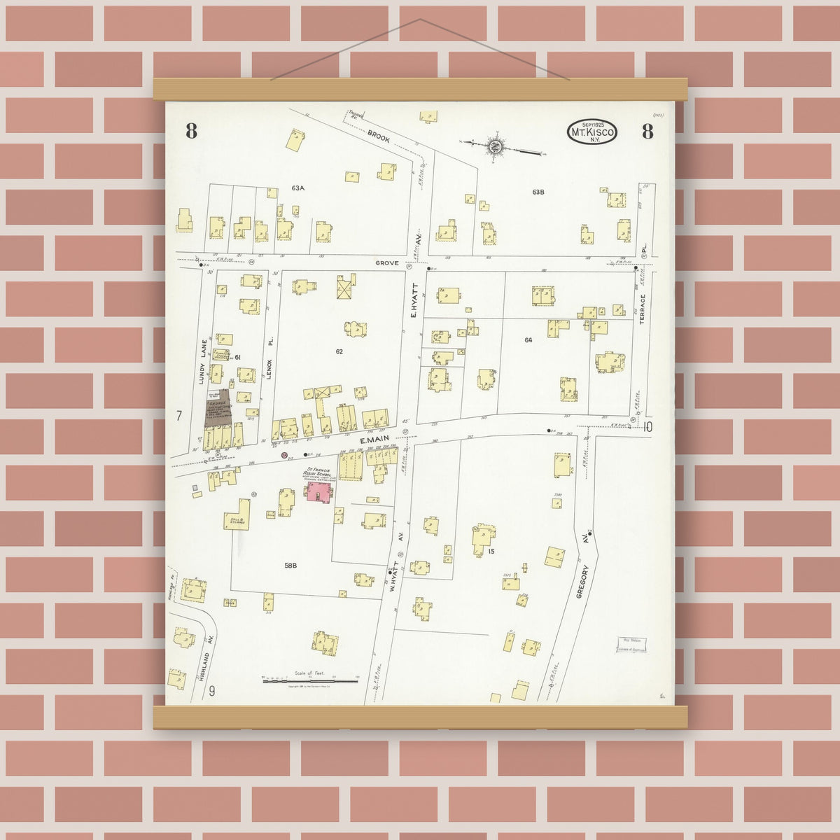 Old map wall art mockup — magnetic wood frame on brick wall — Sanborn Fire Insurance Map from Mount Kisco, Westchester County, New York (1925), Sheet #0008