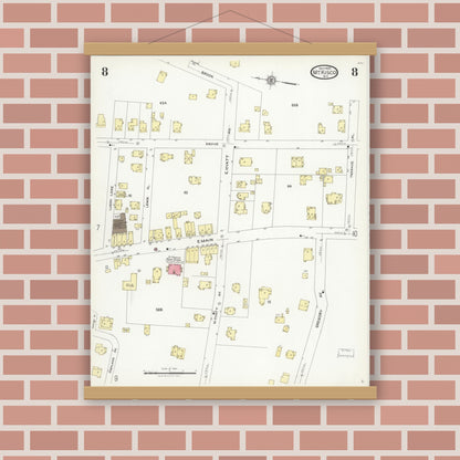 Old map wall art mockup — magnetic wood frame on brick wall — Sanborn Fire Insurance Map from Mount Kisco, Westchester County, New York (1925), Sheet #0008