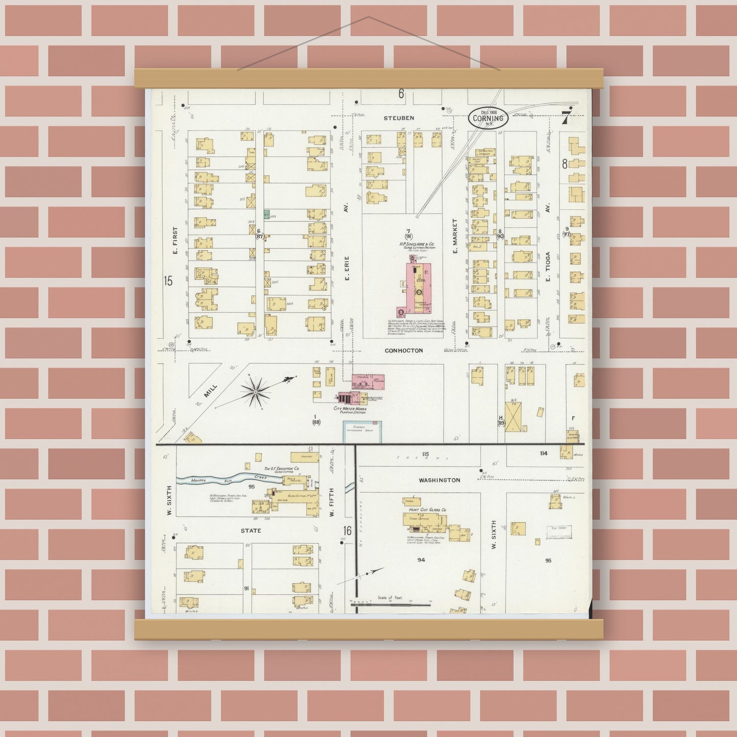 Old map wall art mockup — magnetic wood frame on brick wall — Sanborn Fire Insurance Map from Corning, Steuben County, New York (1908), Sheet #0007