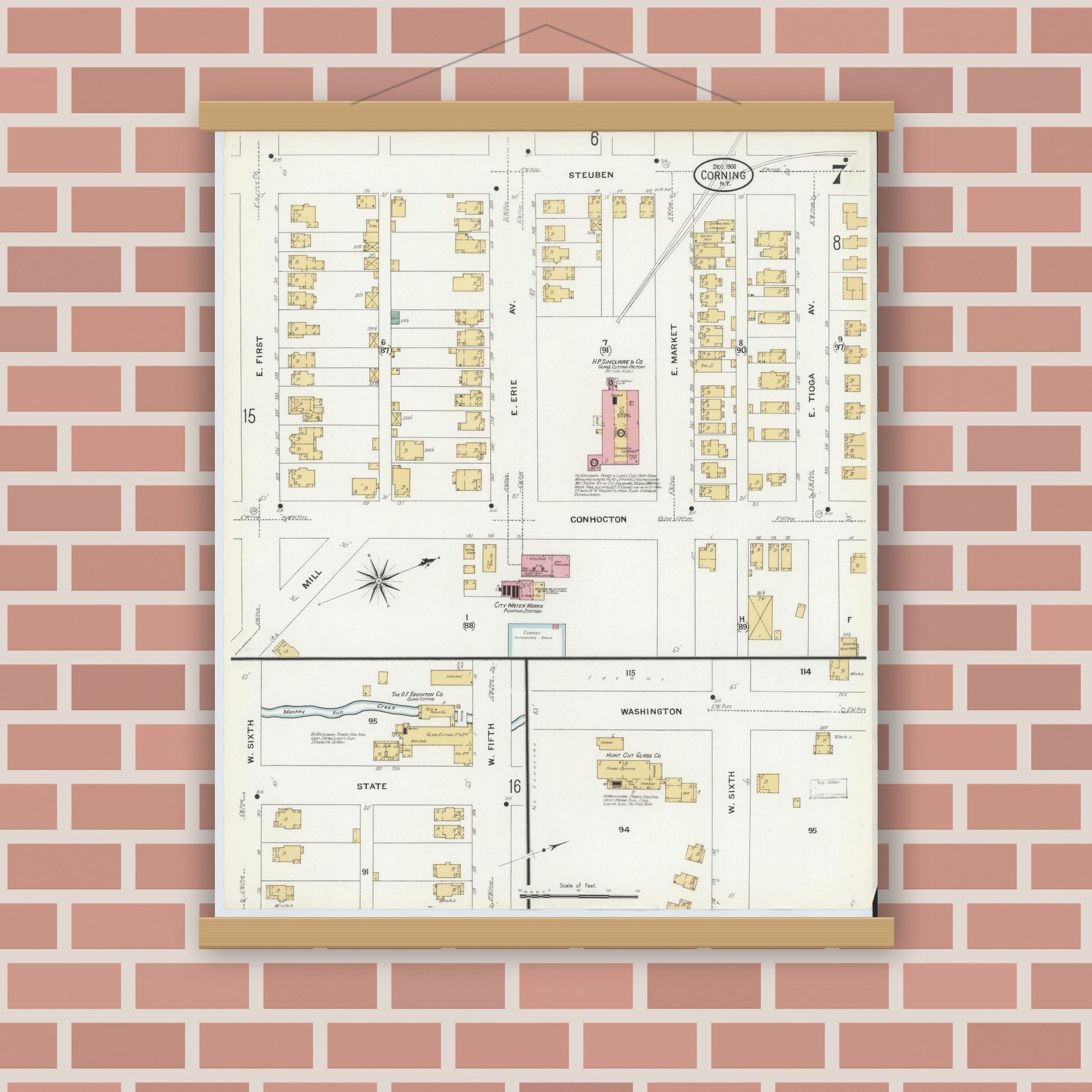 Old map wall art mockup — magnetic wood frame on brick wall — Sanborn Fire Insurance Map from Corning, Steuben County, New York (1908), Sheet #0007