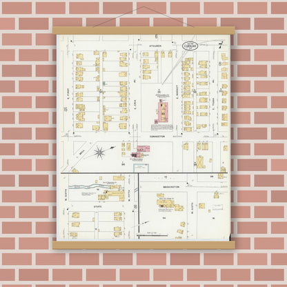 Old map wall art mockup — magnetic wood frame on brick wall — Sanborn Fire Insurance Map from Corning, Steuben County, New York (1908), Sheet #0007