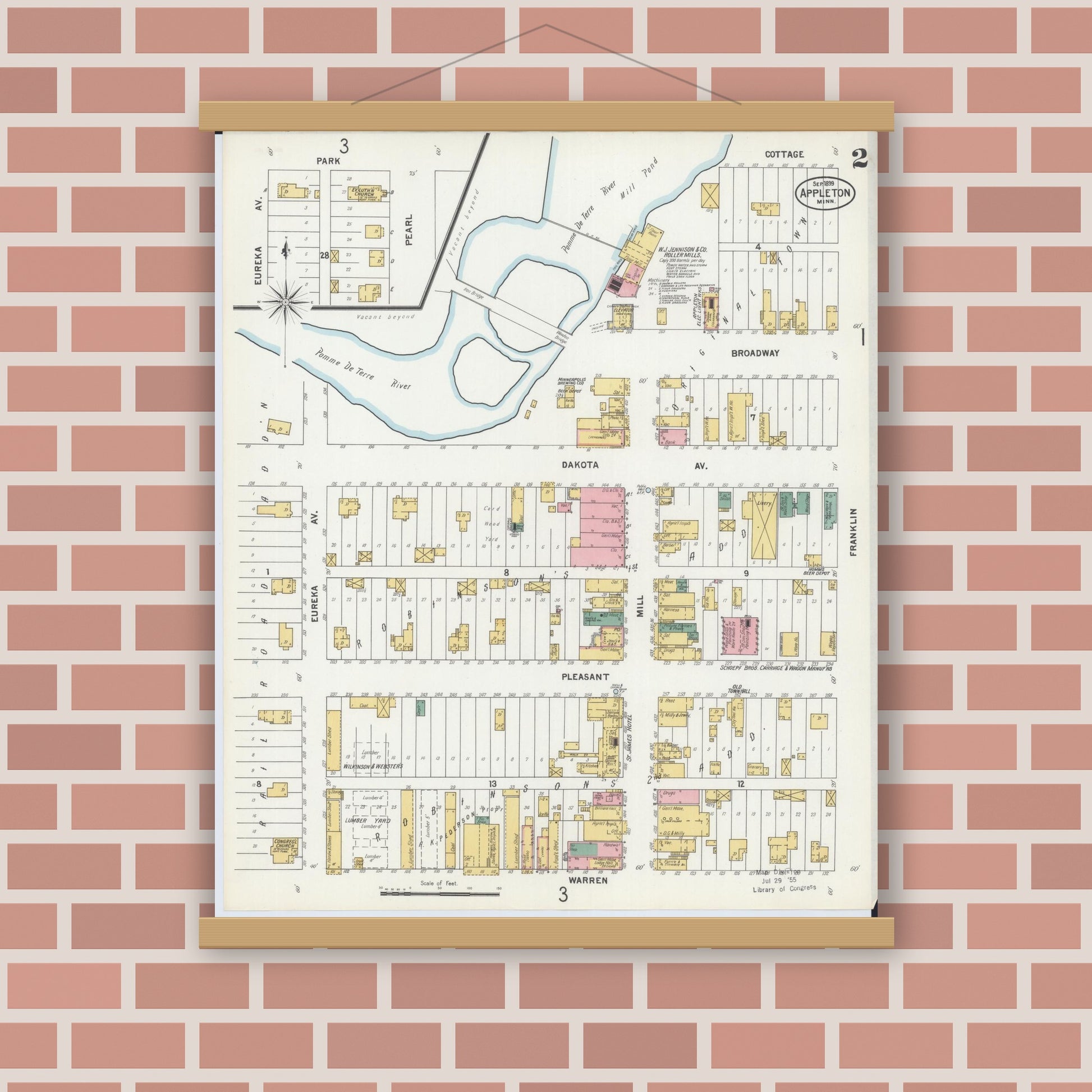 Old map wall art mockup — magnetic wood frame on brick wall — Sanborn Fire Insurance Map from Appleton, Swift County, Minnesota (1899), Sheet #0002