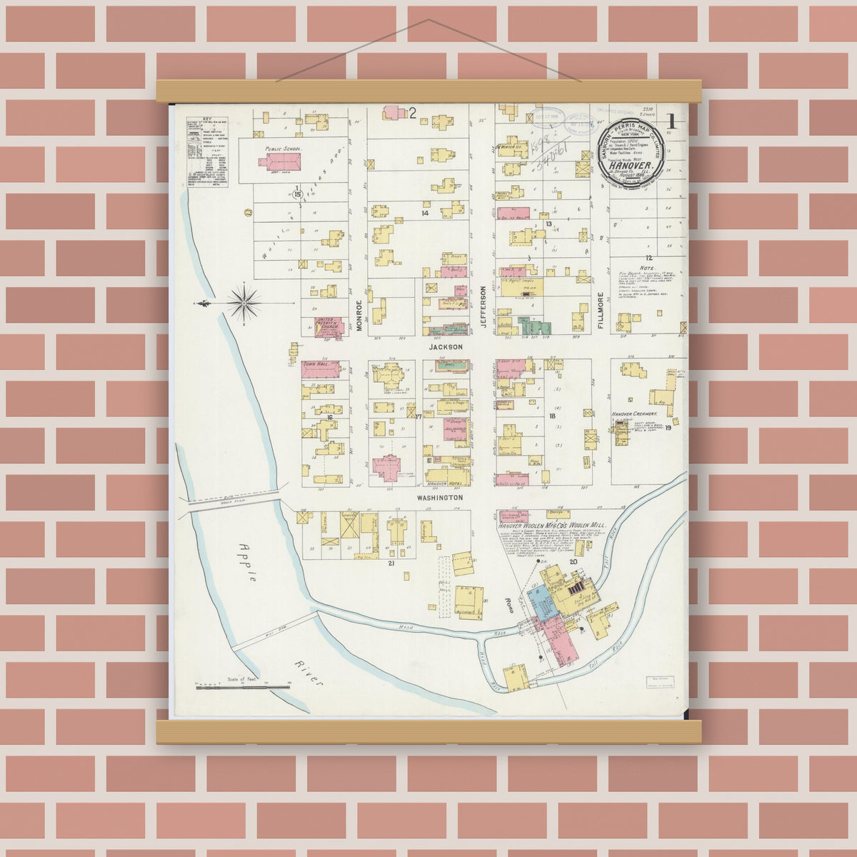 Old map wall art mockup — magnetic wood frame on brick wall — Sanborn Fire Insurance Map from Hanover, Jo Daviess County, Illinois (1898) - Complete Map Set